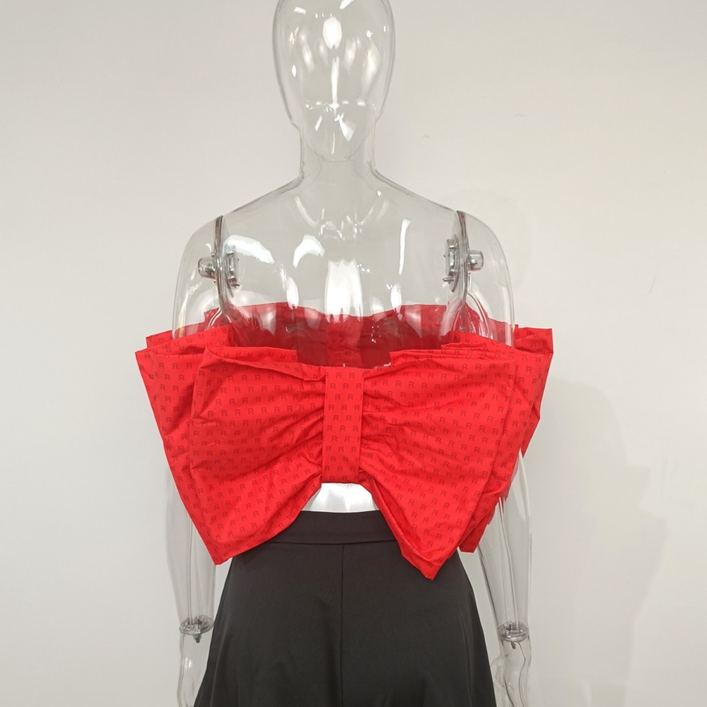 Red “R” Print Big Bow Strapless Top - Picture 3 of 4
